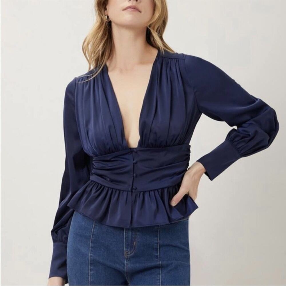 Jason Wu navy blue satin v neck button peplum top size Small